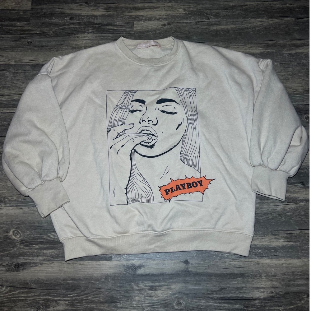 Playboy Missguided Cream Graphic Sweatshirt Y2K Streetwear Boxy‎ Fleece Pullover